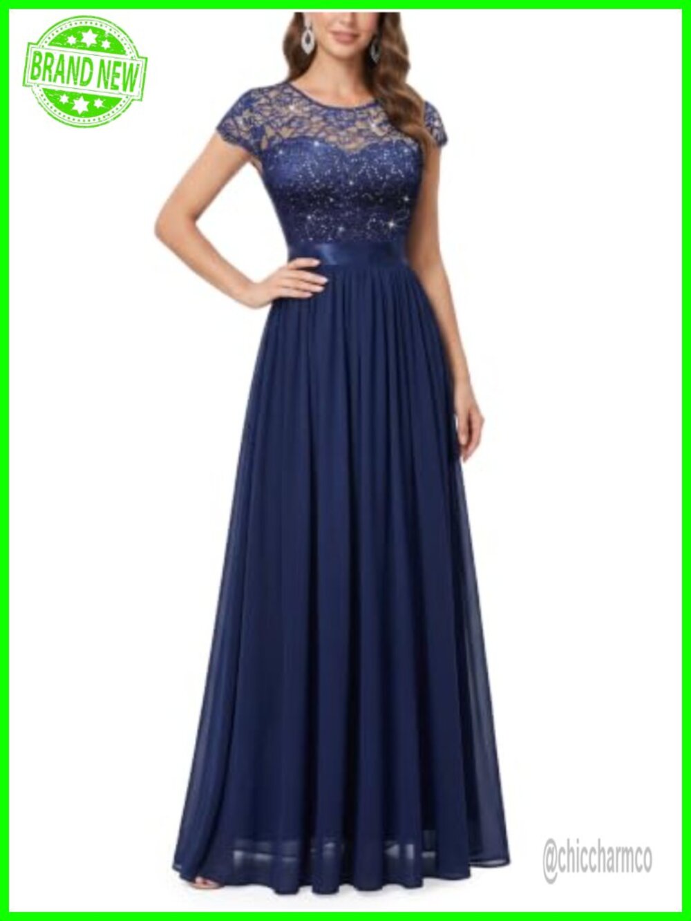 Sequin Lace Contrast Scoop Neck Short Sleeve A Line Maxi Dress Formal